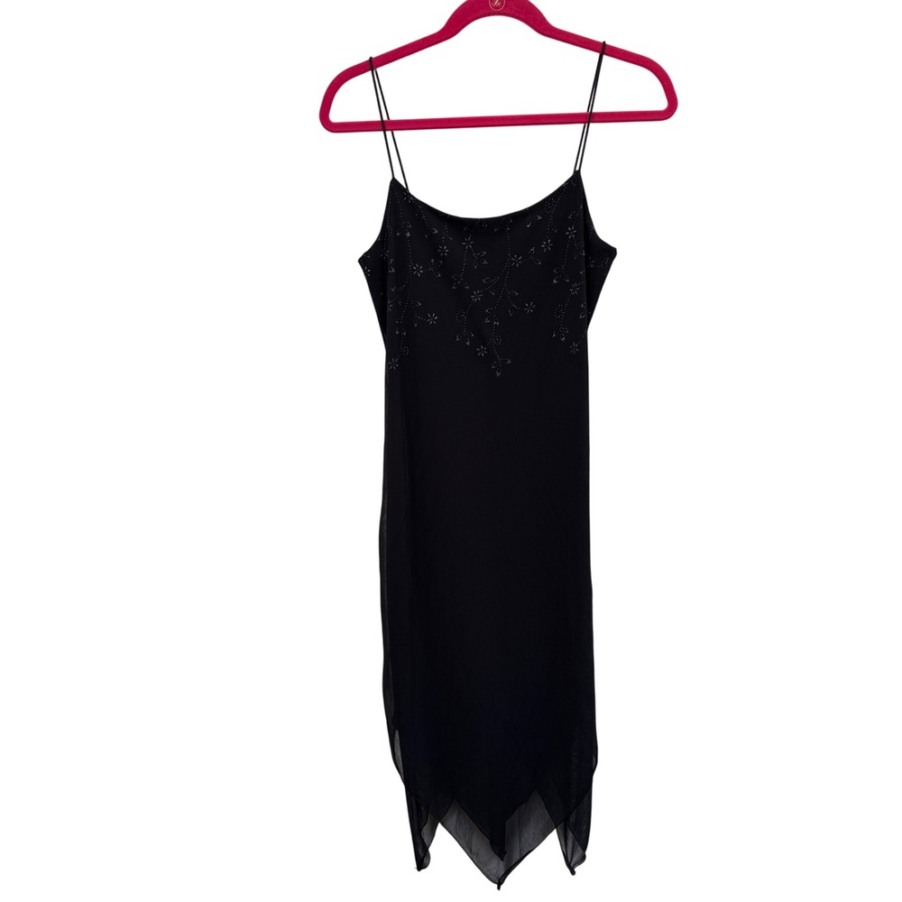 VTG Y2K Byer Too! Black Slip Dress Floral Glitter‎ Mesh Midi M USA Fairy Goth